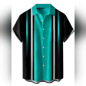 Men's Small Button Down Short Sleeve Shirt Black Gradient Sea Green Chest Pocket